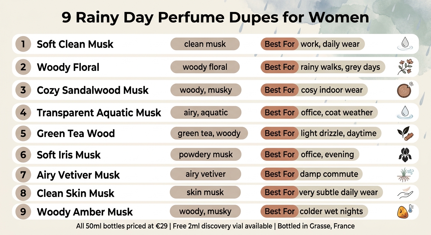 9 Rainy Day Perfume Dupes for Women: Scent Profiles & Best Uses