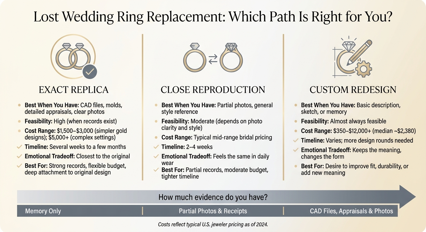 Lost Wedding Ring Replacement Options: Cost, Timeline & Best Fit