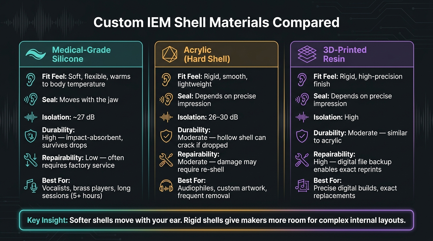 Custom IEM Shell Materials Compared: Silicone vs Acrylic vs 3D-Printed Resin