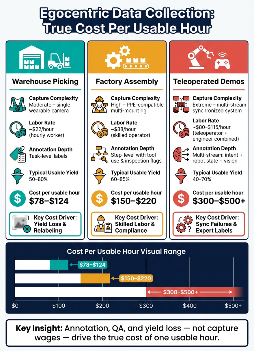 Egocentric Data Collection Cost Per Usable Hour: 3 Industrial Setups Compared