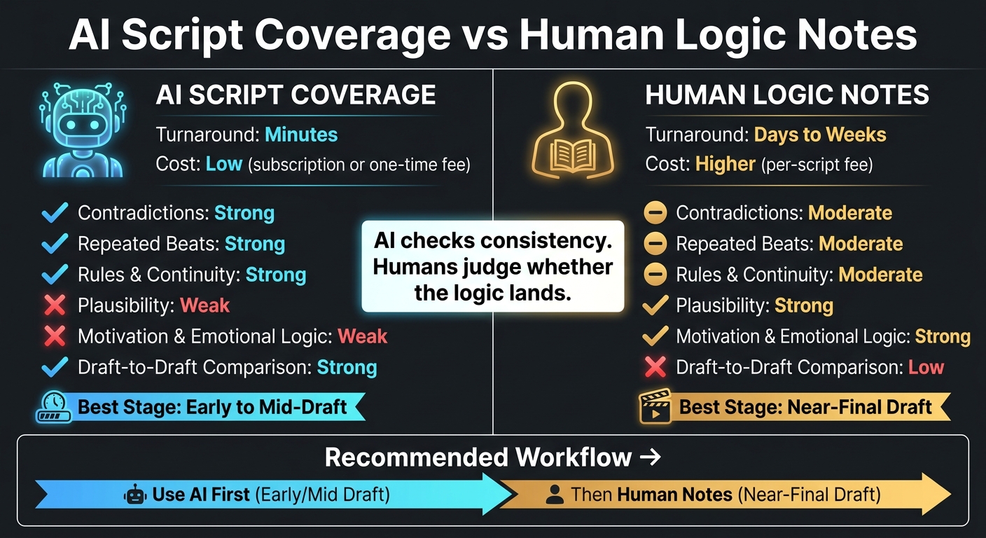 AI Script Coverage vs Human Logic Notes: Side-by-Side Comparison