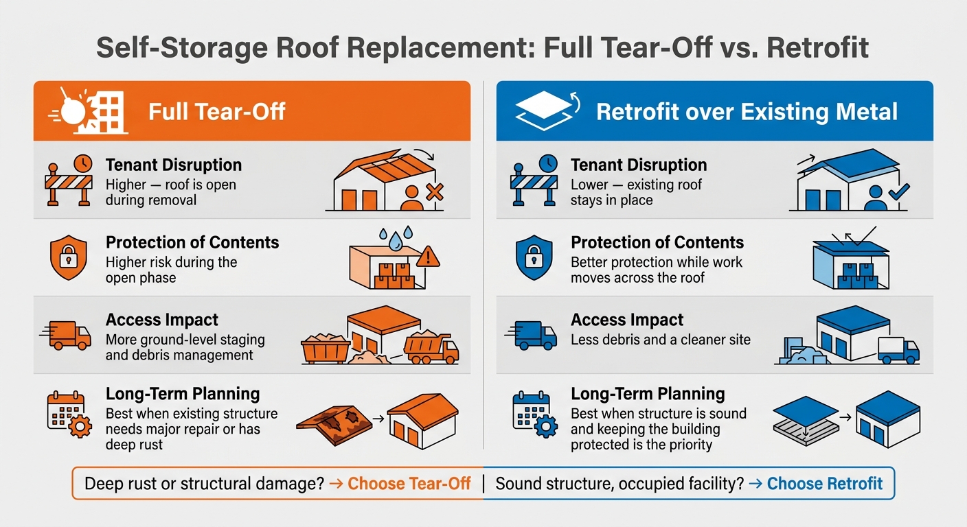 Self-Storage Roof Replacement: Full Tear-Off vs. Retrofit Comparison