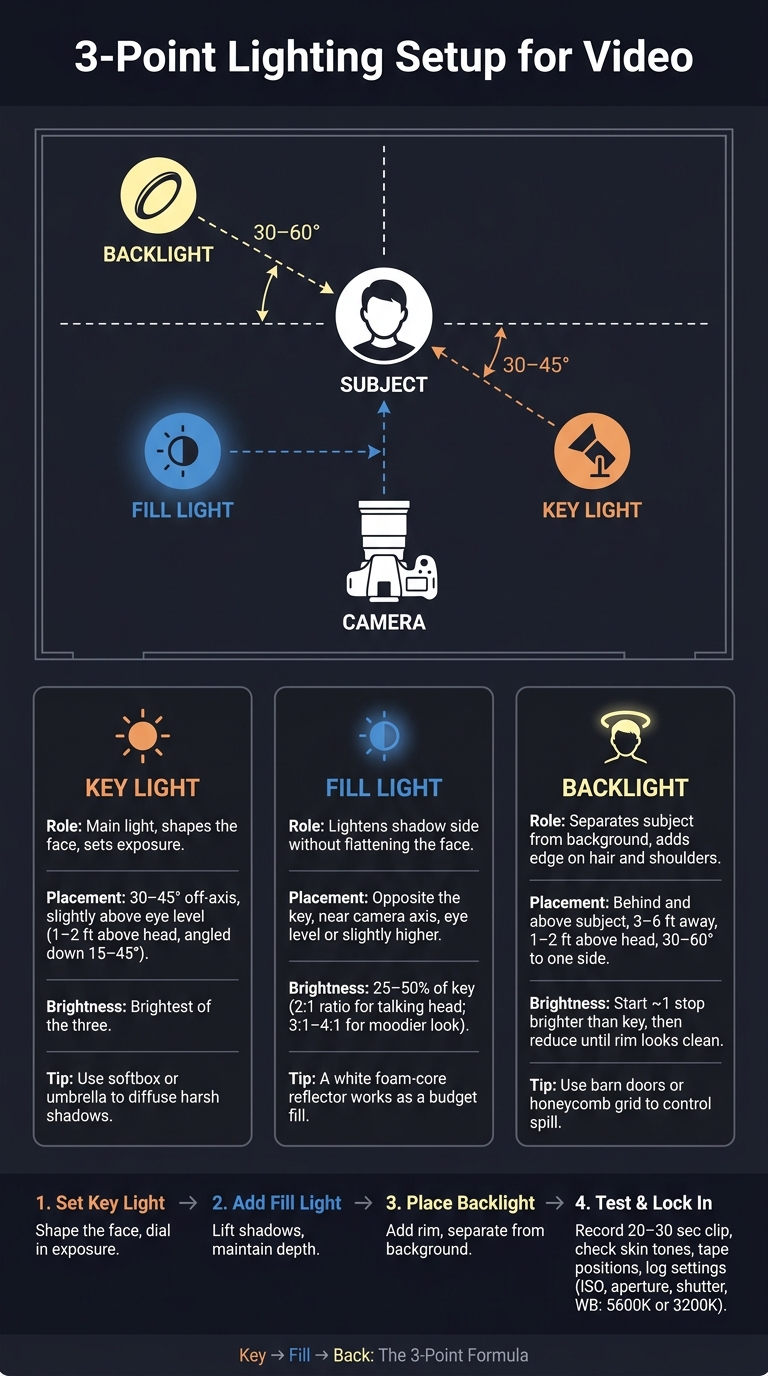 3-Point Lighting Setup for Video: Step-by-Step Visual Guide