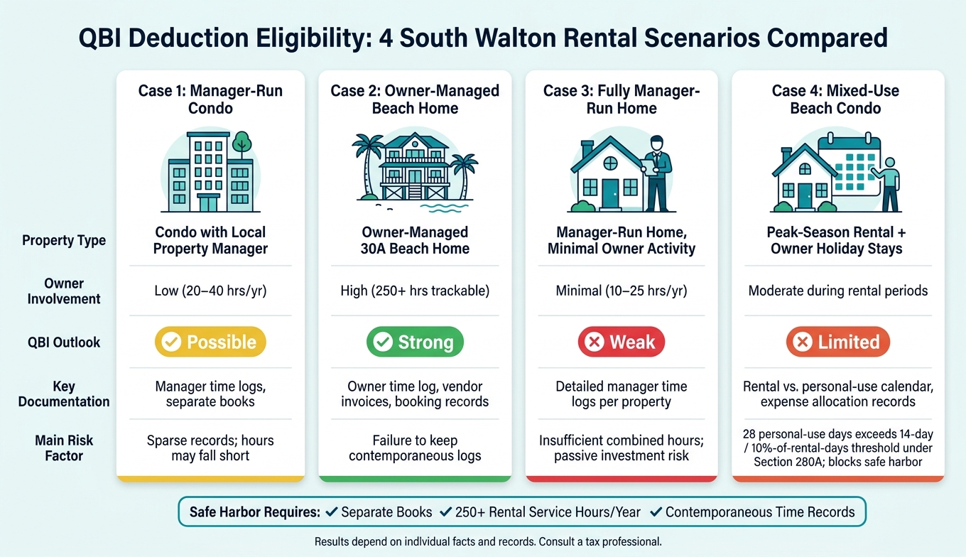 QBI Deduction Eligibility: 4 South Walton Rental Scenarios Compared