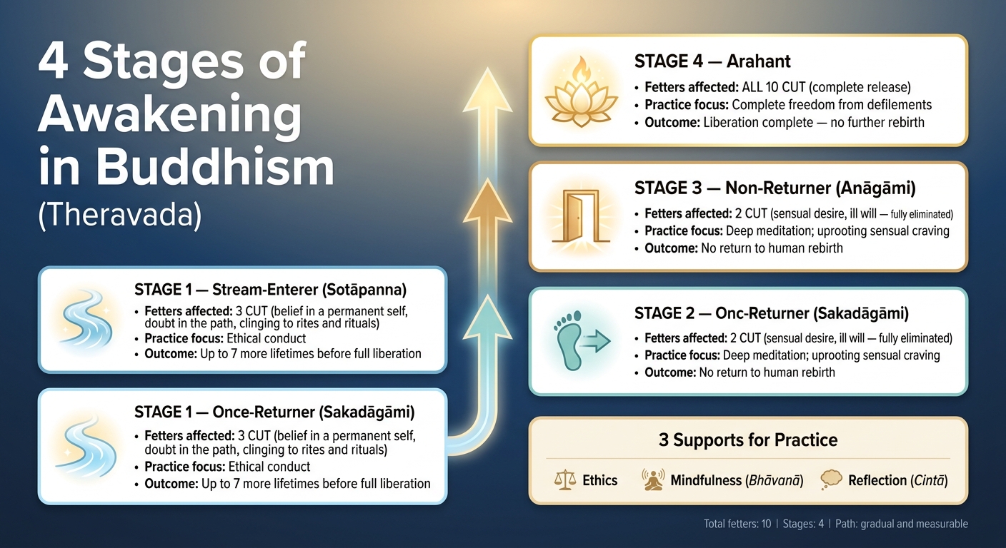4 Stages of Buddhist Awakening: Fetters Cut & Outcomes