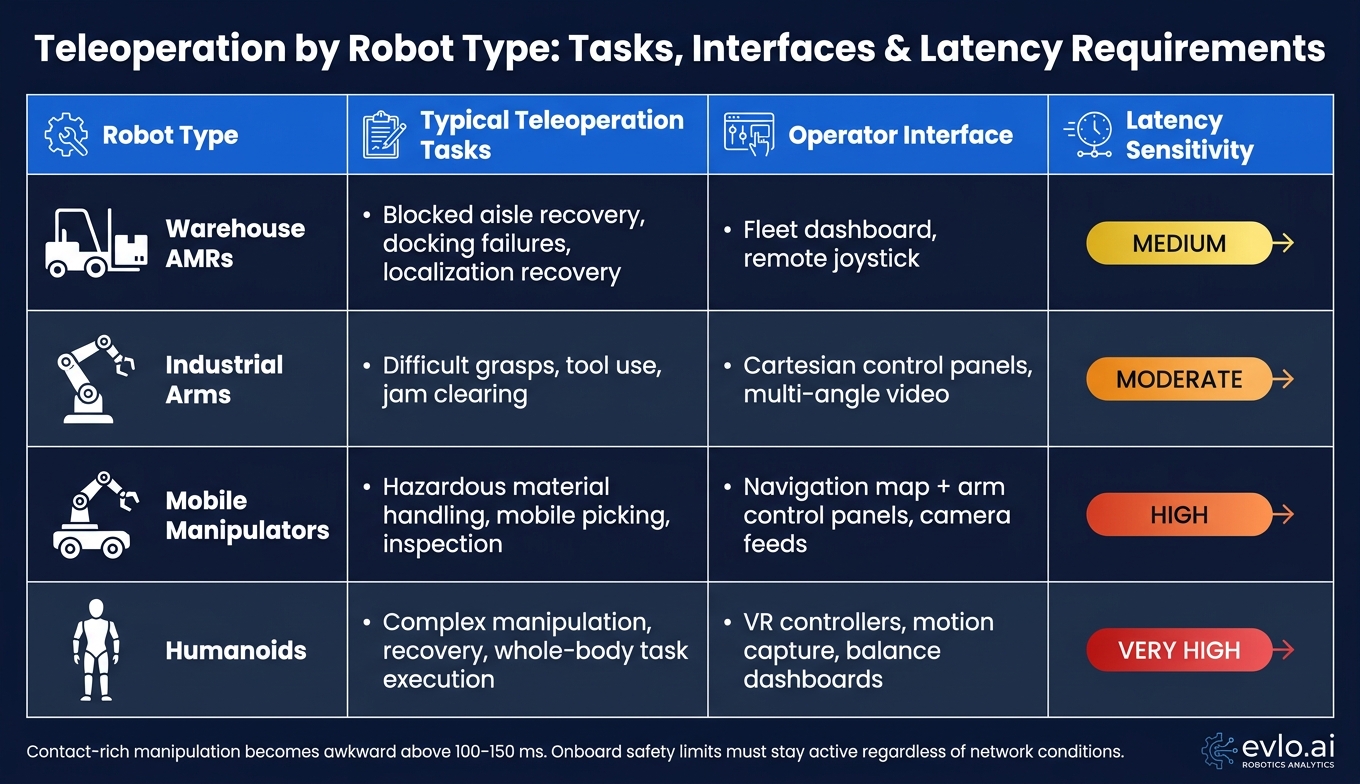 Teleoperation by Robot Type: Tasks, Interfaces & Latency Requirements