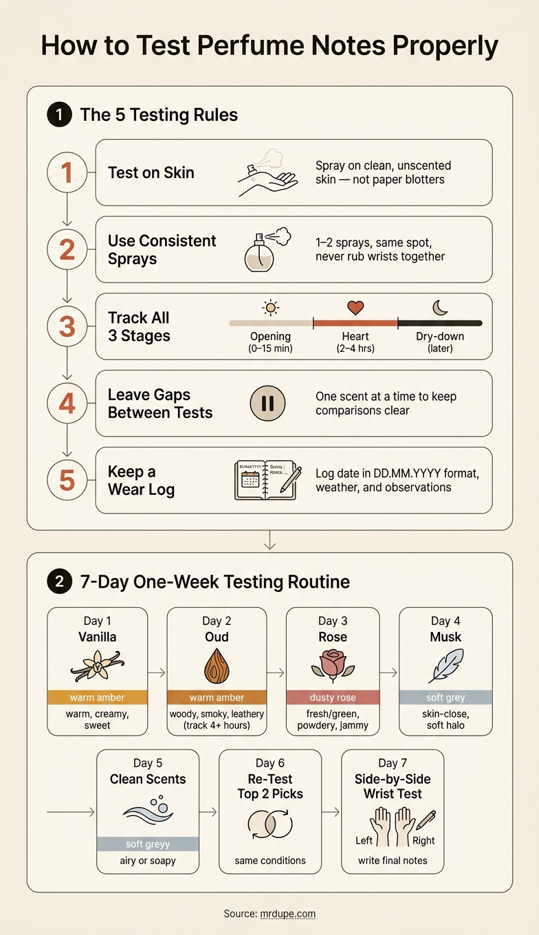 How to Test Perfume Notes Properly: 7-Day Routine & Method