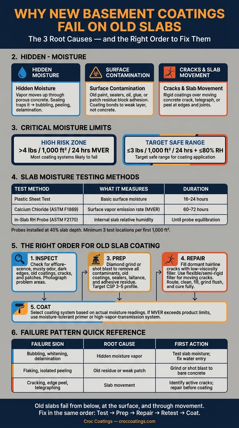 Why New Basement Coatings Fail On Old Slabs 1 Why Basement Coatings Fail On Old Slabs: Test, Prep & Coat Process