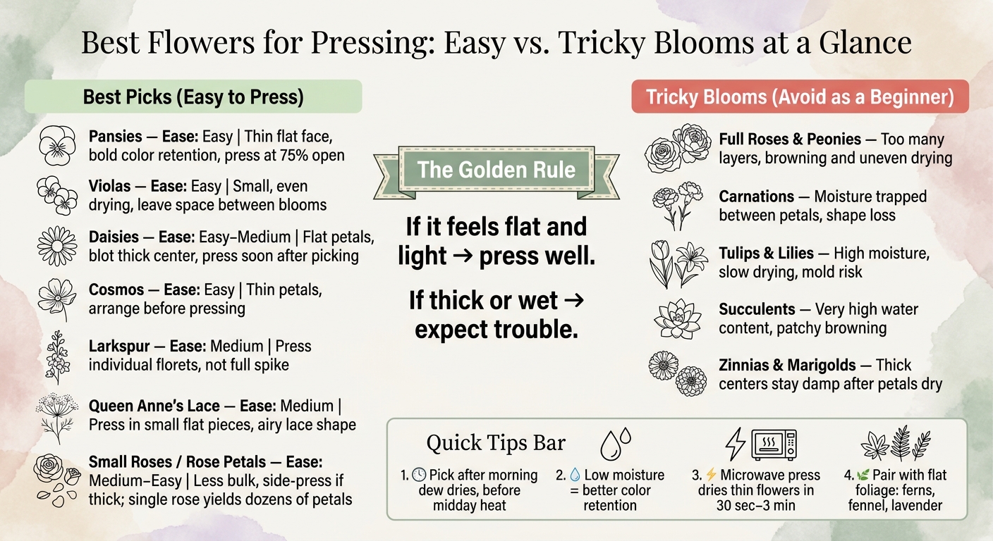 Best Flowers for Pressing: Easy vs. Tricky Blooms at a Glance
