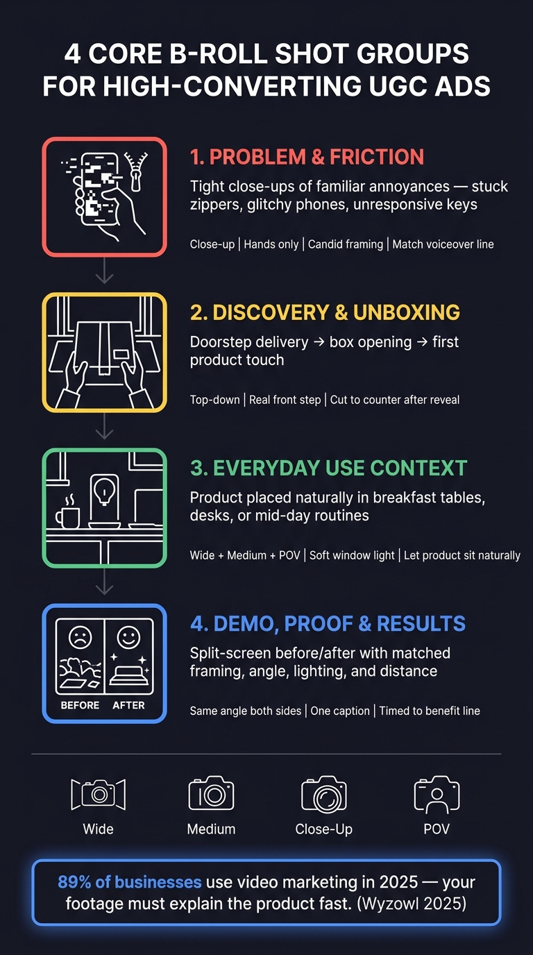 4 Core B-Roll Shot Groups for High-Converting UGC Ads