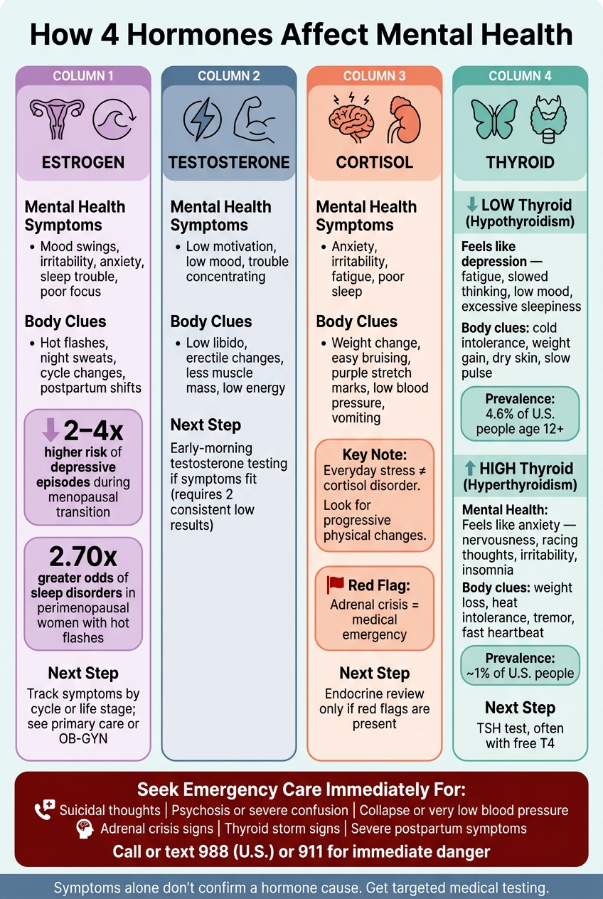 Infographic showing how four hormones affect mental health including estrogen testosterone cortisol and thyroid with symptoms body clues next steps and emergency warning signs.