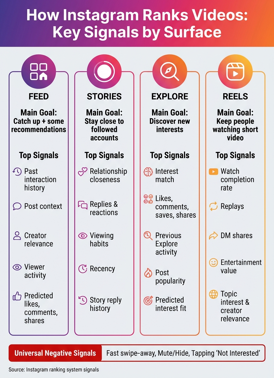 Instagram Video Ranking: Signals by Surface (Feed, Stories, Explore, Reels)