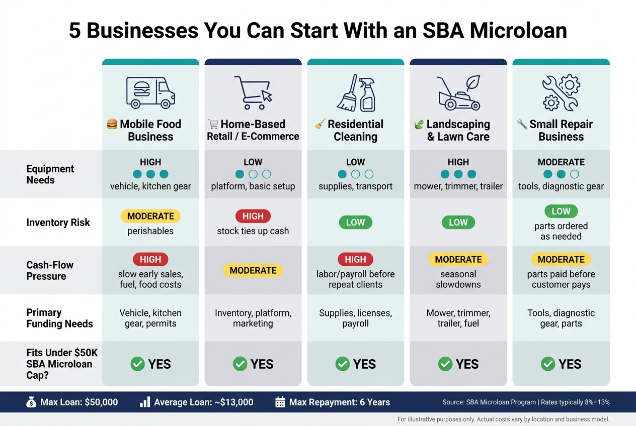 5 Businesses to Start with an SBA Microloan: Side-by-Side Comparison