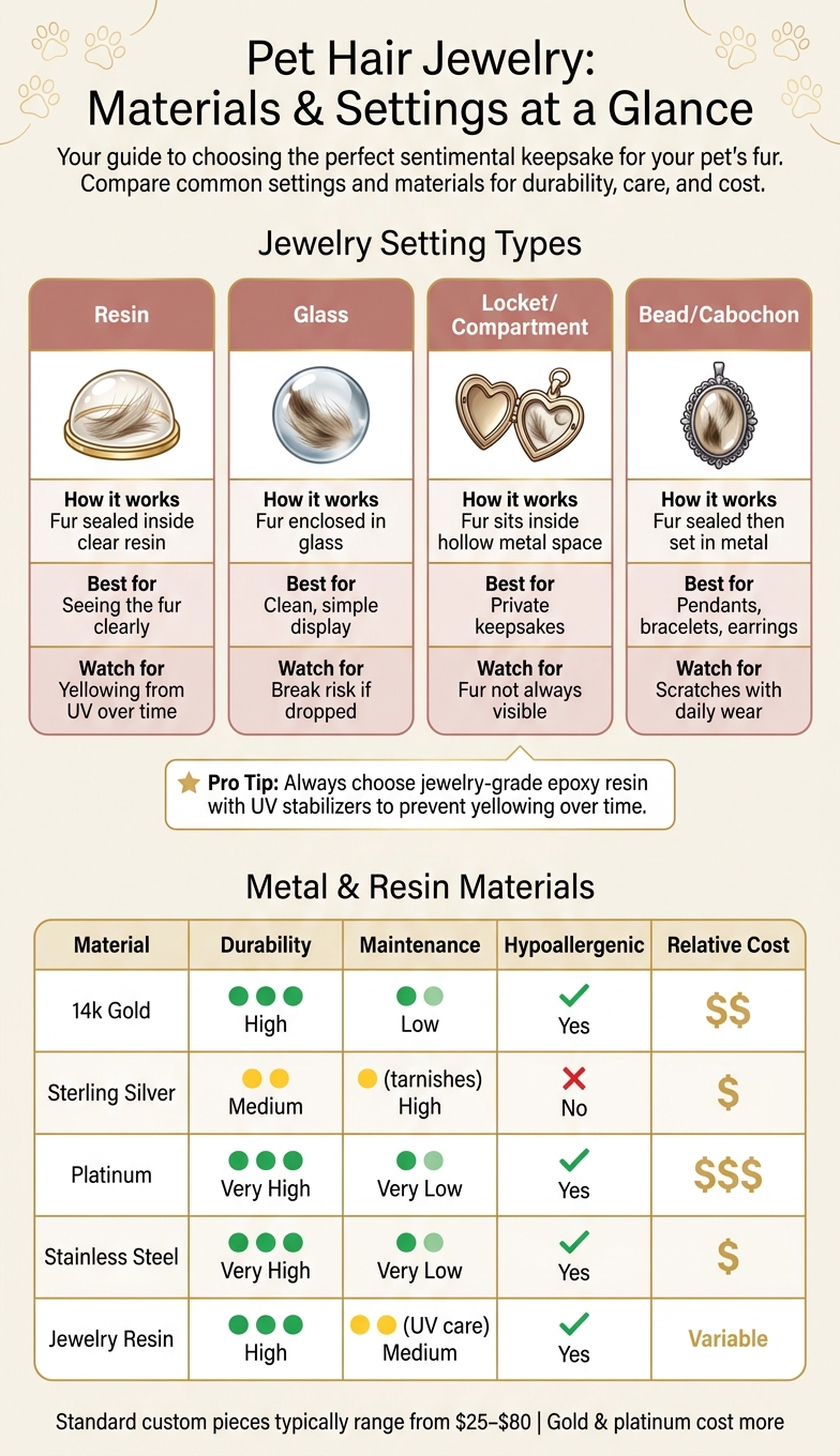Pet Hair Jewelry Materials & Settings: Side-by-Side Comparison