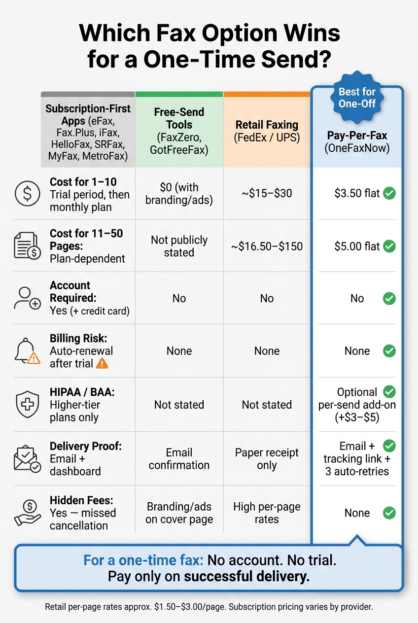 Pay-Per-Fax vs. Subscription vs. Free vs. Retail: One-Time Fax Cost Comparison