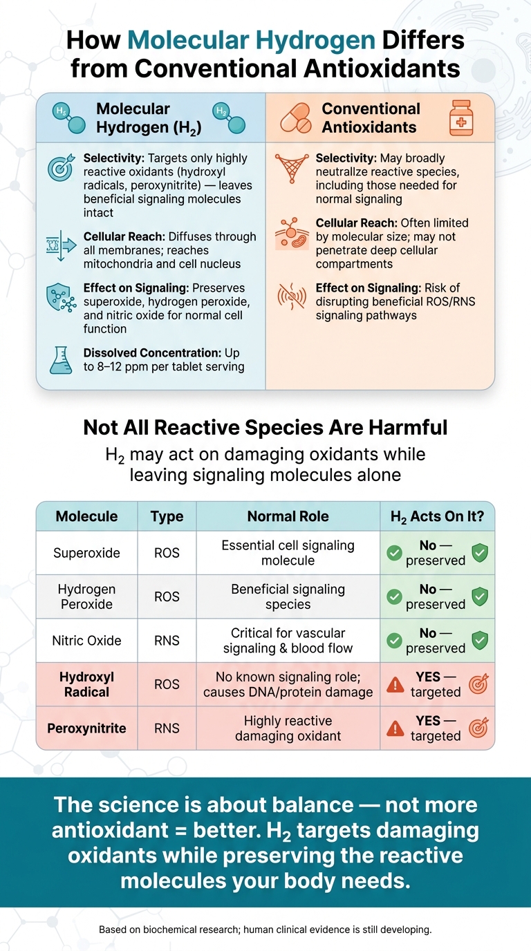 Molecular Hydrogen vs. Conventional Antioxidants: Selective Redox Action Explained