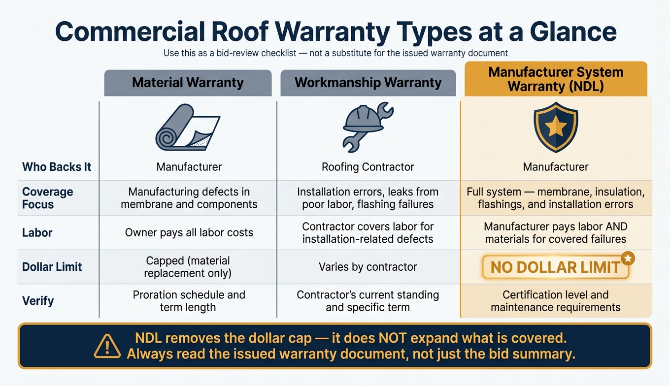 Commercial Roof Warranty Types Compared: Material vs. Workmanship vs. NDL System
