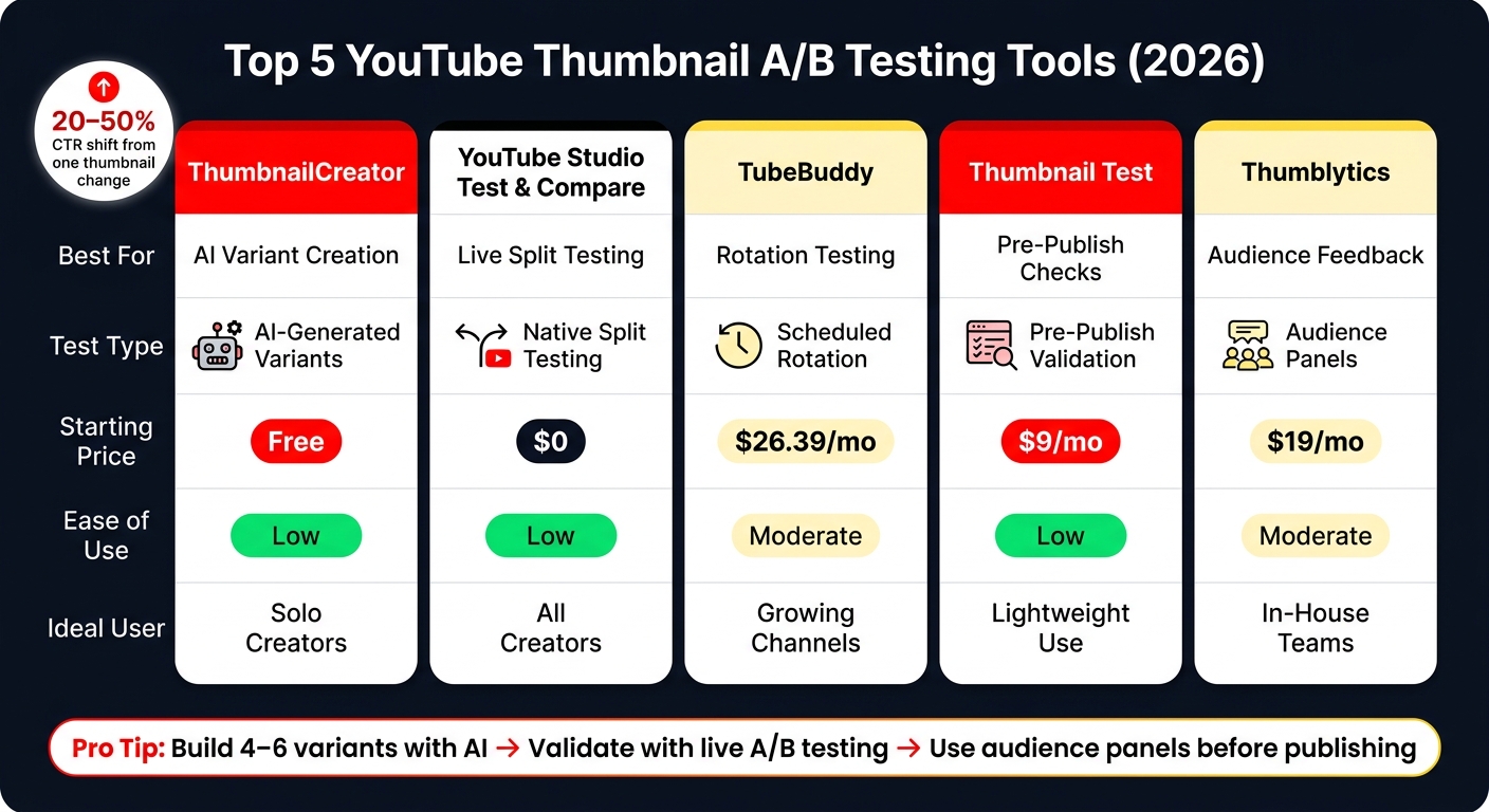 Top 5 YouTube Thumbnail A/B Testing Tools Compared (2026)