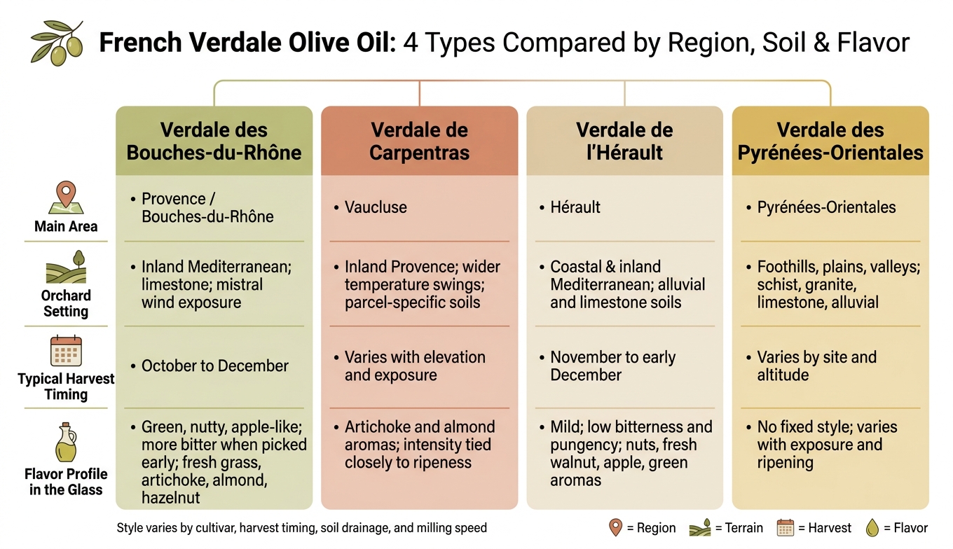 French Verdale Olive Oil: 4 Types Compared by Region, Soil & Flavor