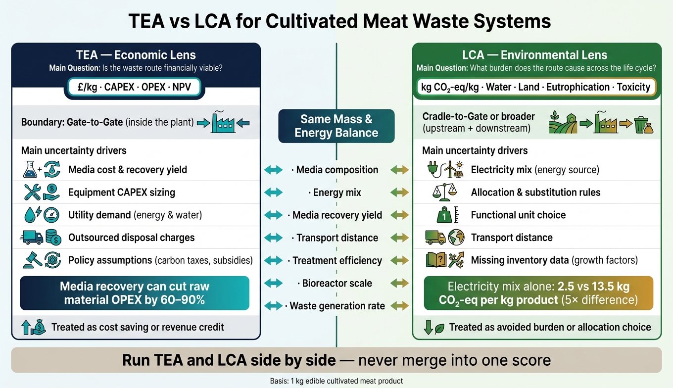 TEA vs LCA for Cultivated Meat Waste Systems: Key Differences at a Glance