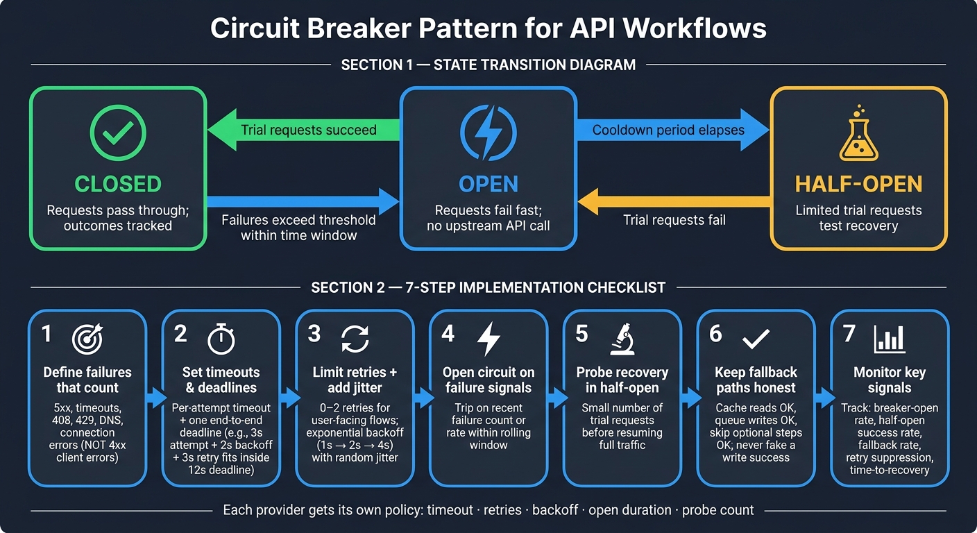 Circuit Breaker Pattern: 3-State Flow & 7-Step Implementation Checklist