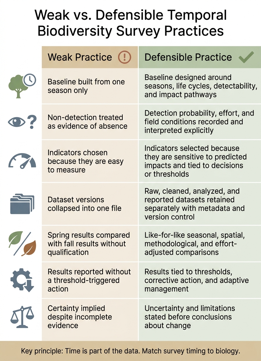 Weak vs. Defensible Temporal Biodiversity Survey Practices