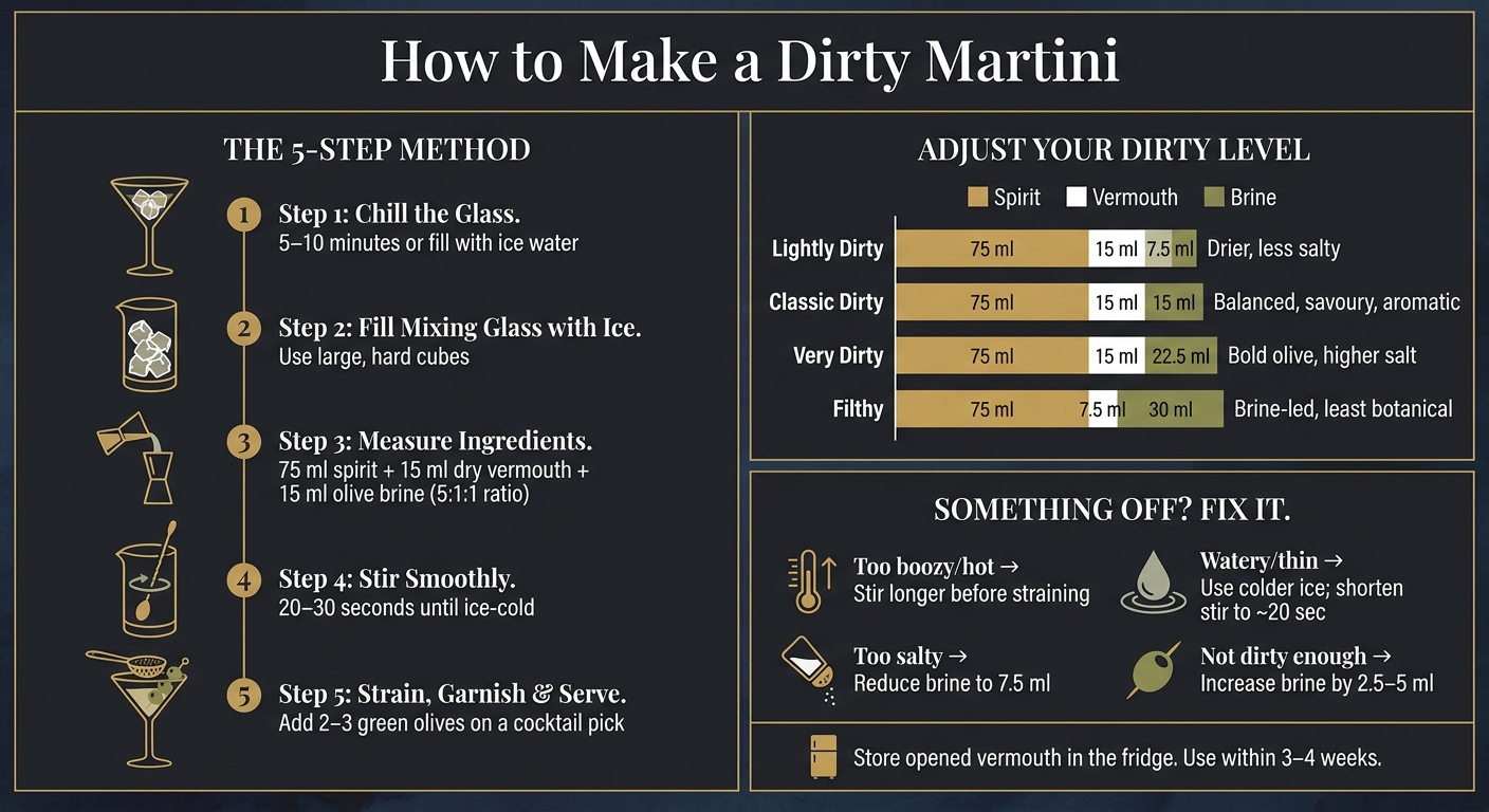 How to Make a Dirty Martini: Ratios, Steps & Troubleshooting