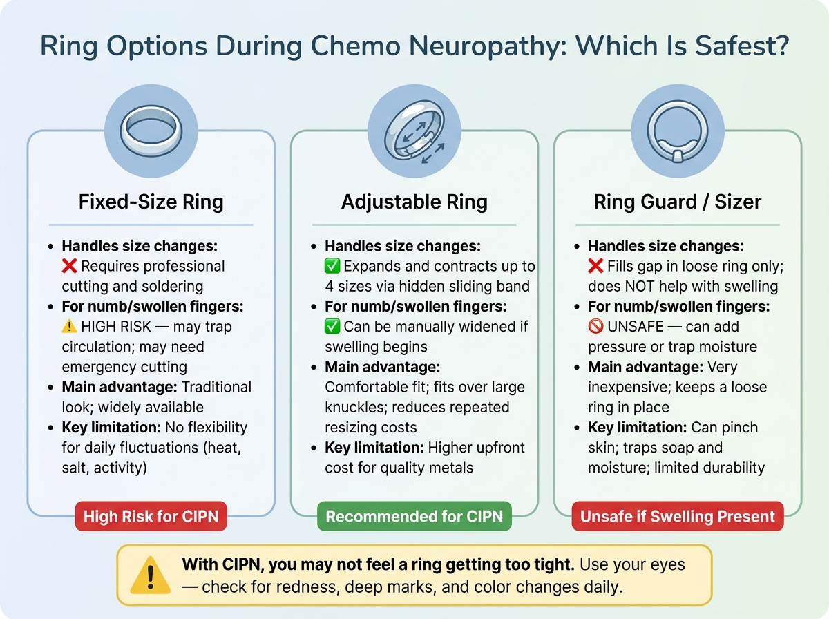 Fixed Ring vs. Adjustable Ring vs. Ring Guard: Safety Guide for Chemo Neuropathy