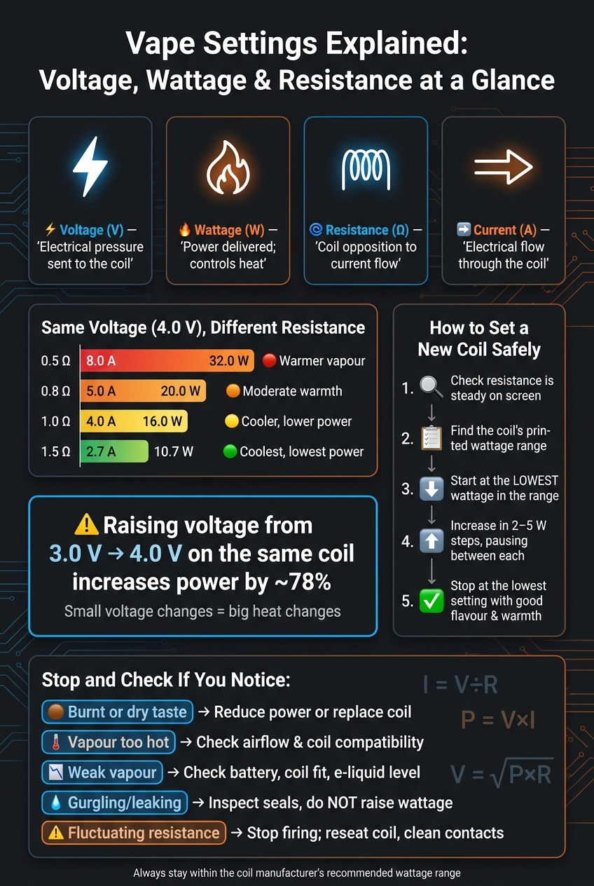 Voltage, Watts, Ohms: Vape Settings Explained 2 Vape settings explained: voltage, wattage & resistance at a glance