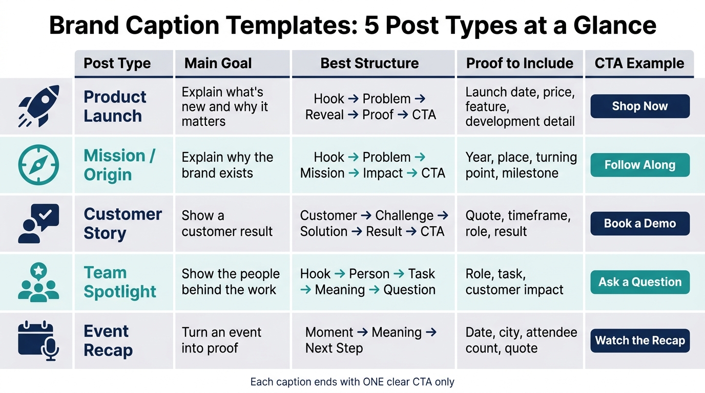 Brand Caption Templates: 5 Post Types at a Glance
