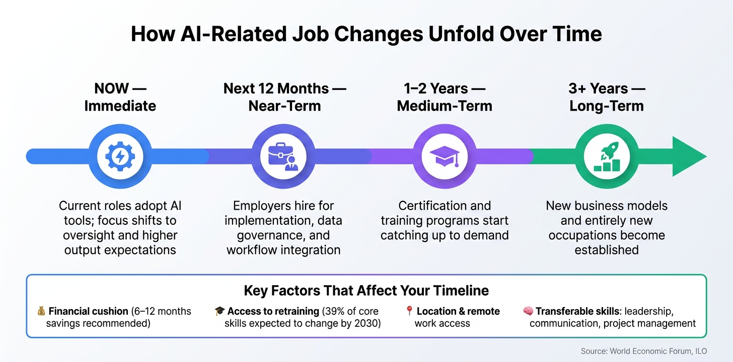 AI Job Change Timeline: From Displacement to New Roles (Now–3+ Years)