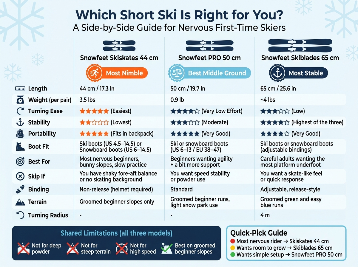 Short Ski Comparison for Beginners: 44cm vs 50cm vs 65cm