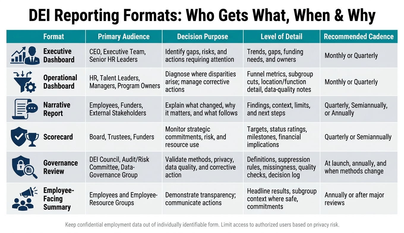 DEI Reporting Formats: Audience, Purpose & Cadence at a Glance