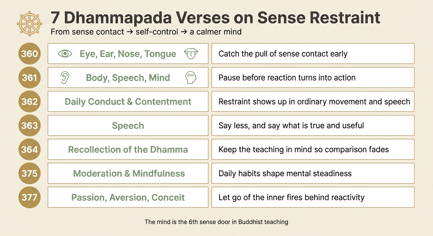 7 Dhammapada Verses on Sense Restraint: Quick Reference Guide