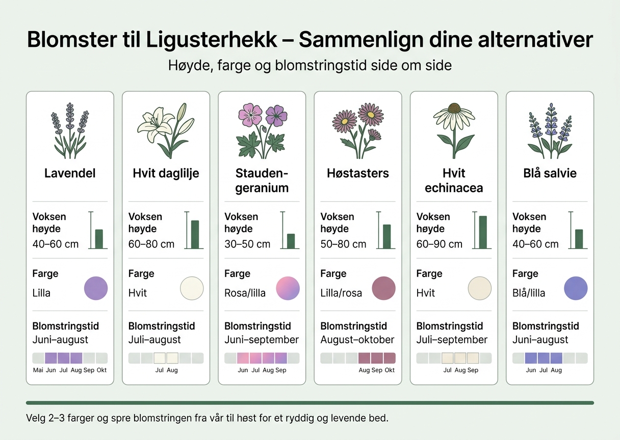 Blomster til Ligusterhekk – Sammenligning av Høyde, Farge og Blomstringstid