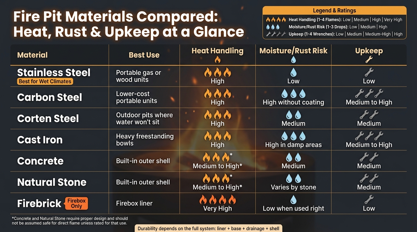 Fire Pit Materials Compared: Heat, Rust & Upkeep at a Glance