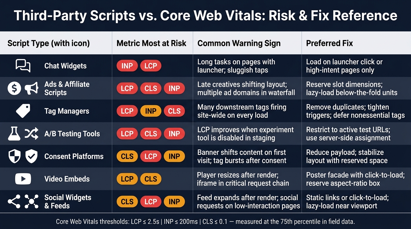 Third-Party Scripts vs. Core Web Vitals: Risk & Fix Reference