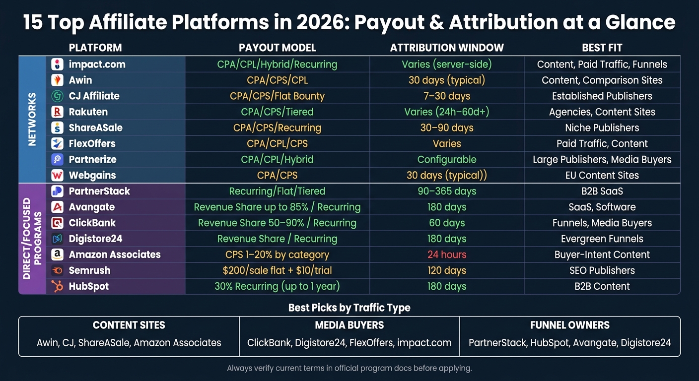 15 High-Paying Affiliate Platforms Compared: Payout, Attribution & Best Fit (2026)