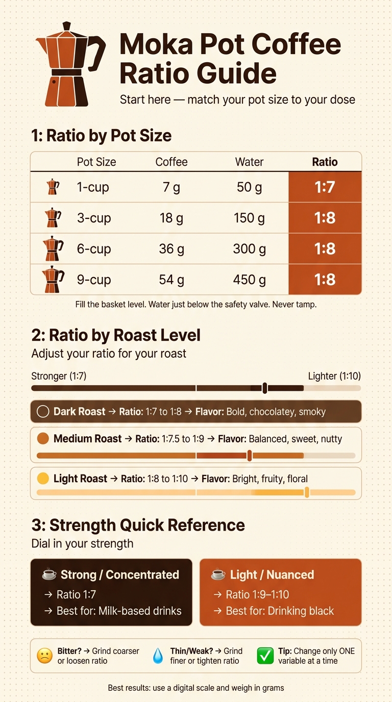 Moka Pot Coffee Ratio Guide by Pot Size & Roast Level