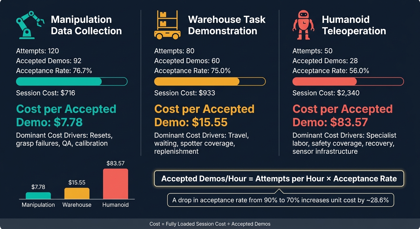 Teleoperation Cost per Accepted Demo: 3 Robotics Workflows Compared