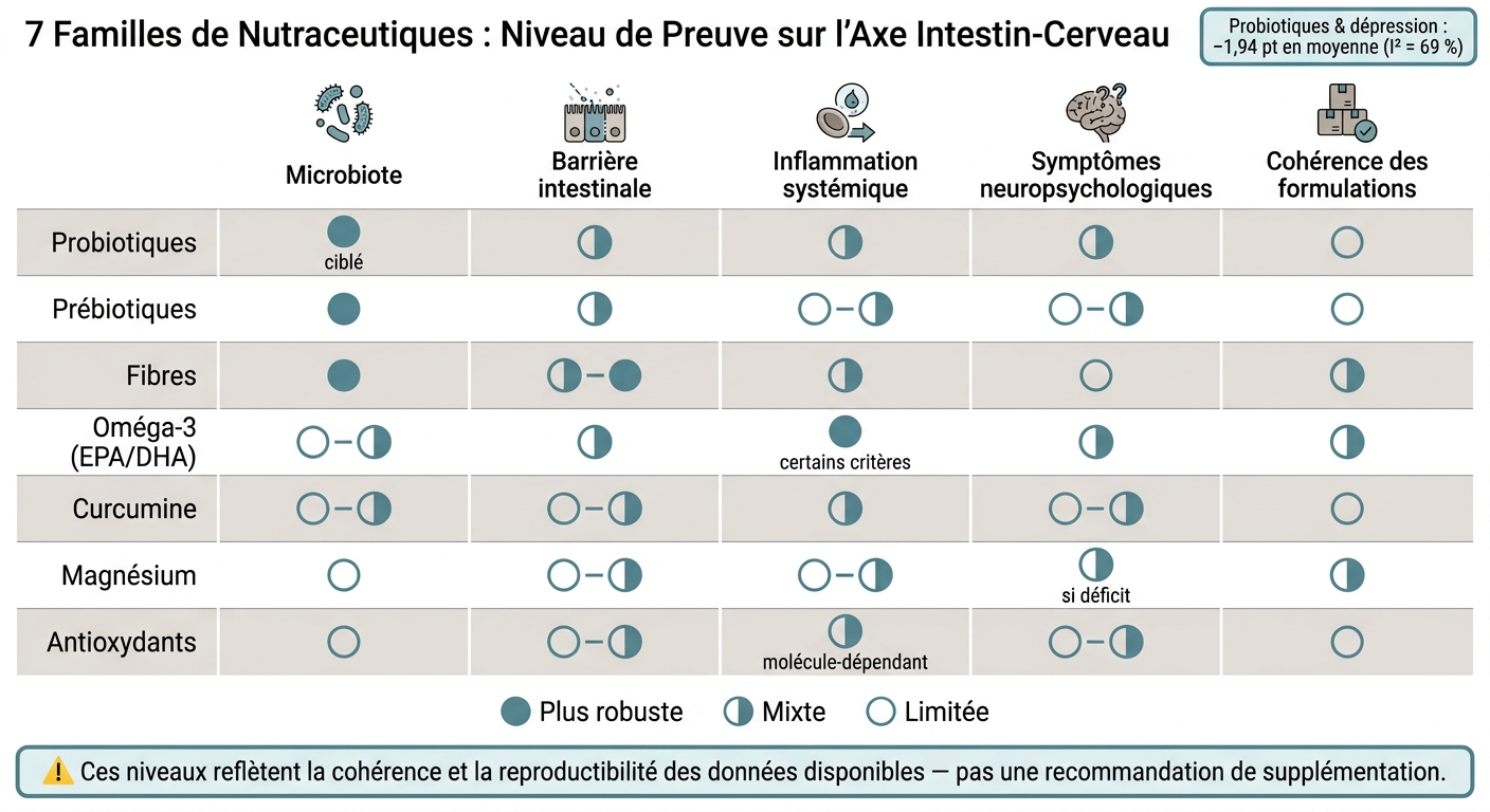 7 Familles de Nutraceutiques et l'Axe Intestin-Cerveau : Niveau de Preuve