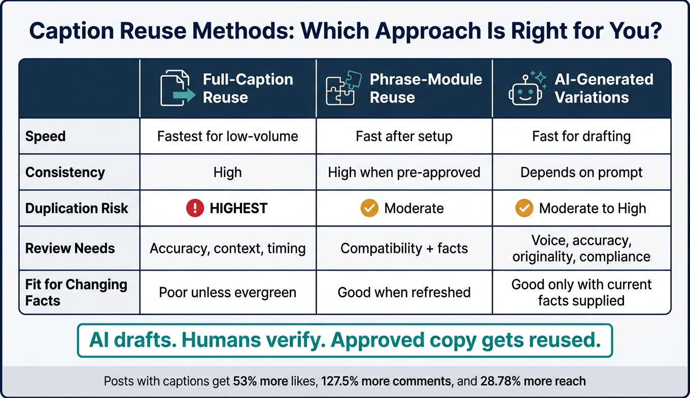 Caption Reuse Methods Compared: Speed, Consistency & Risk