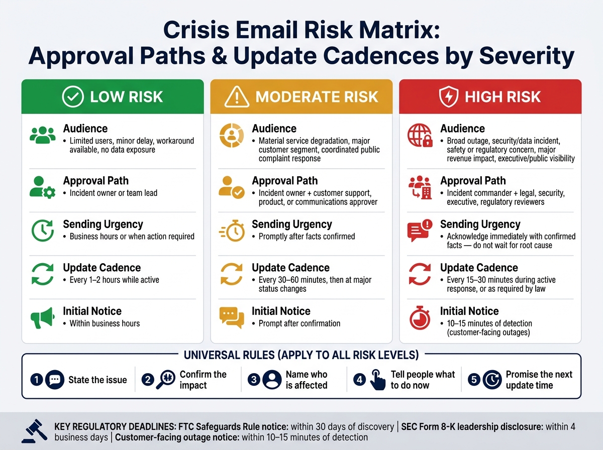 Crisis Email Risk Matrix: Approval Paths & Update Cadences by Severity