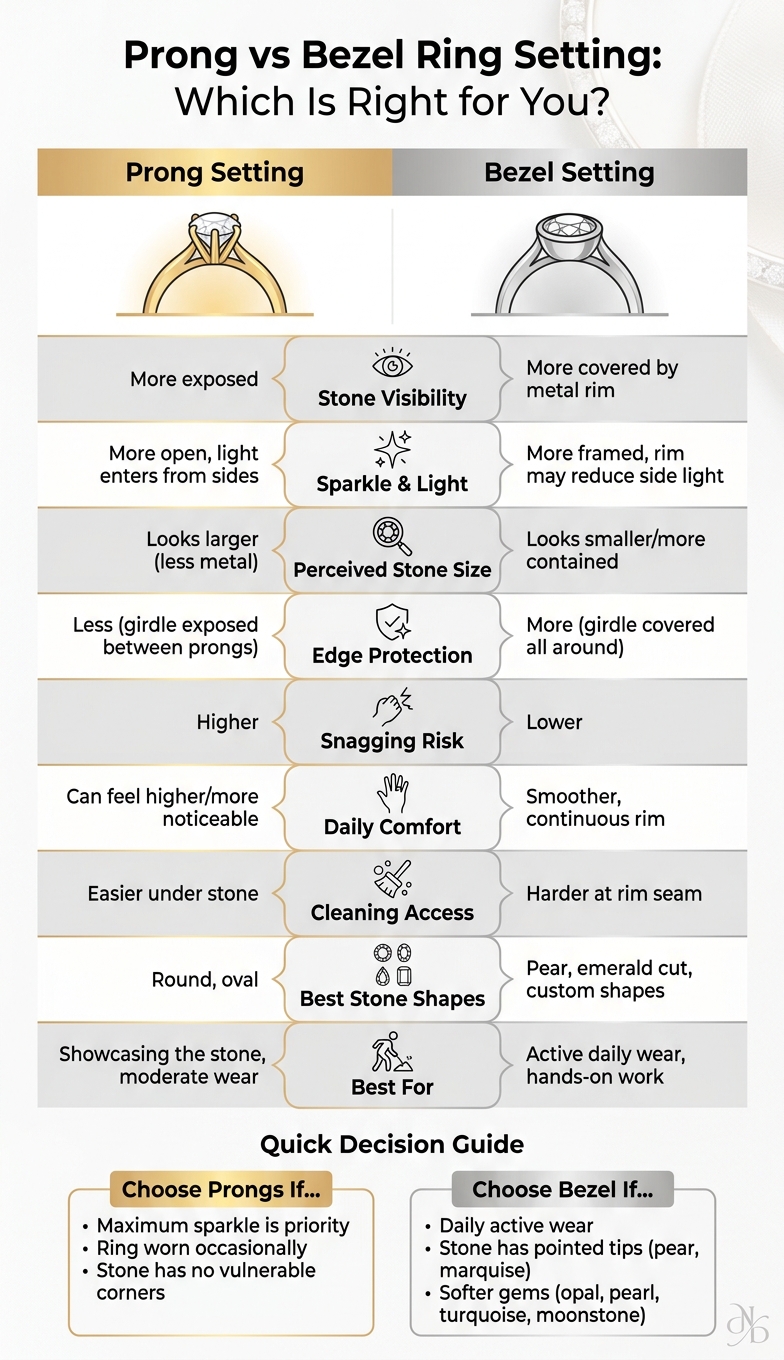 Prong vs Bezel Ring Setting: Side-by-Side Comparison