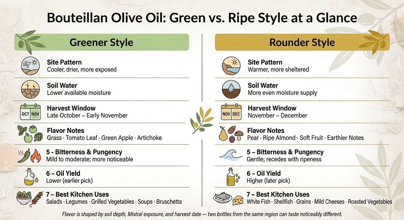 Bouteillan Olive Oil: Greener vs. Rounder Style Guide