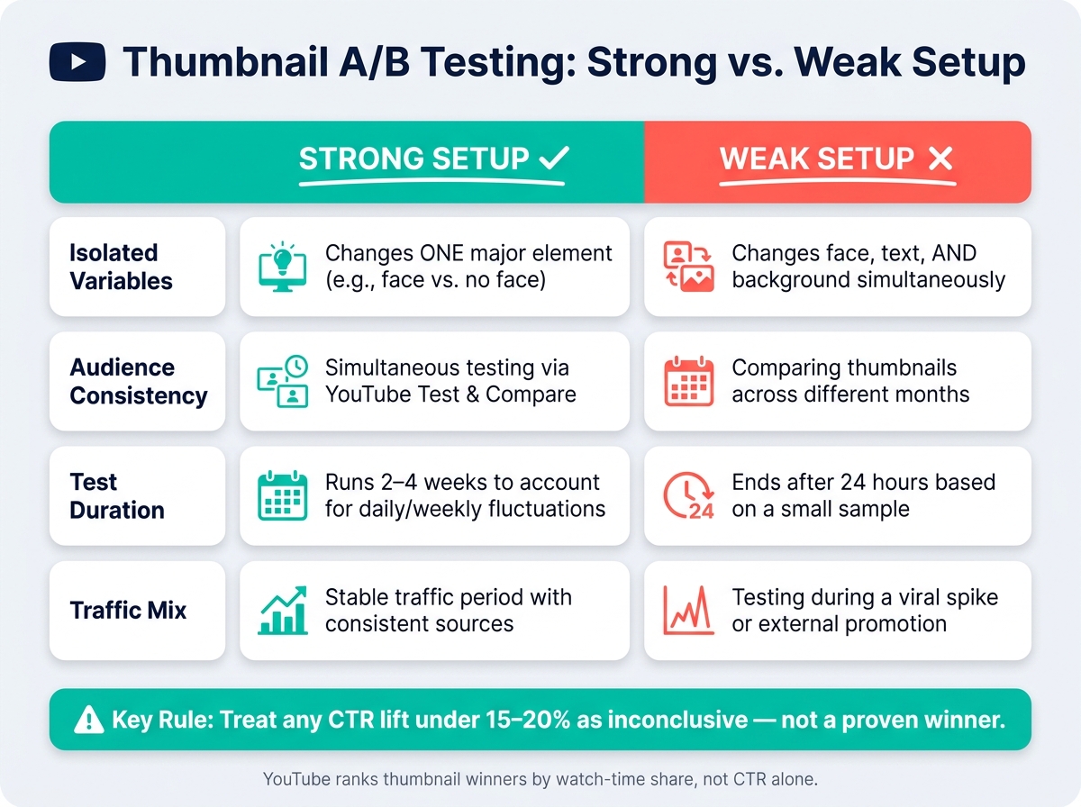 Thumbnail A/B Testing: Strong vs. Weak Setup Cheat Sheet