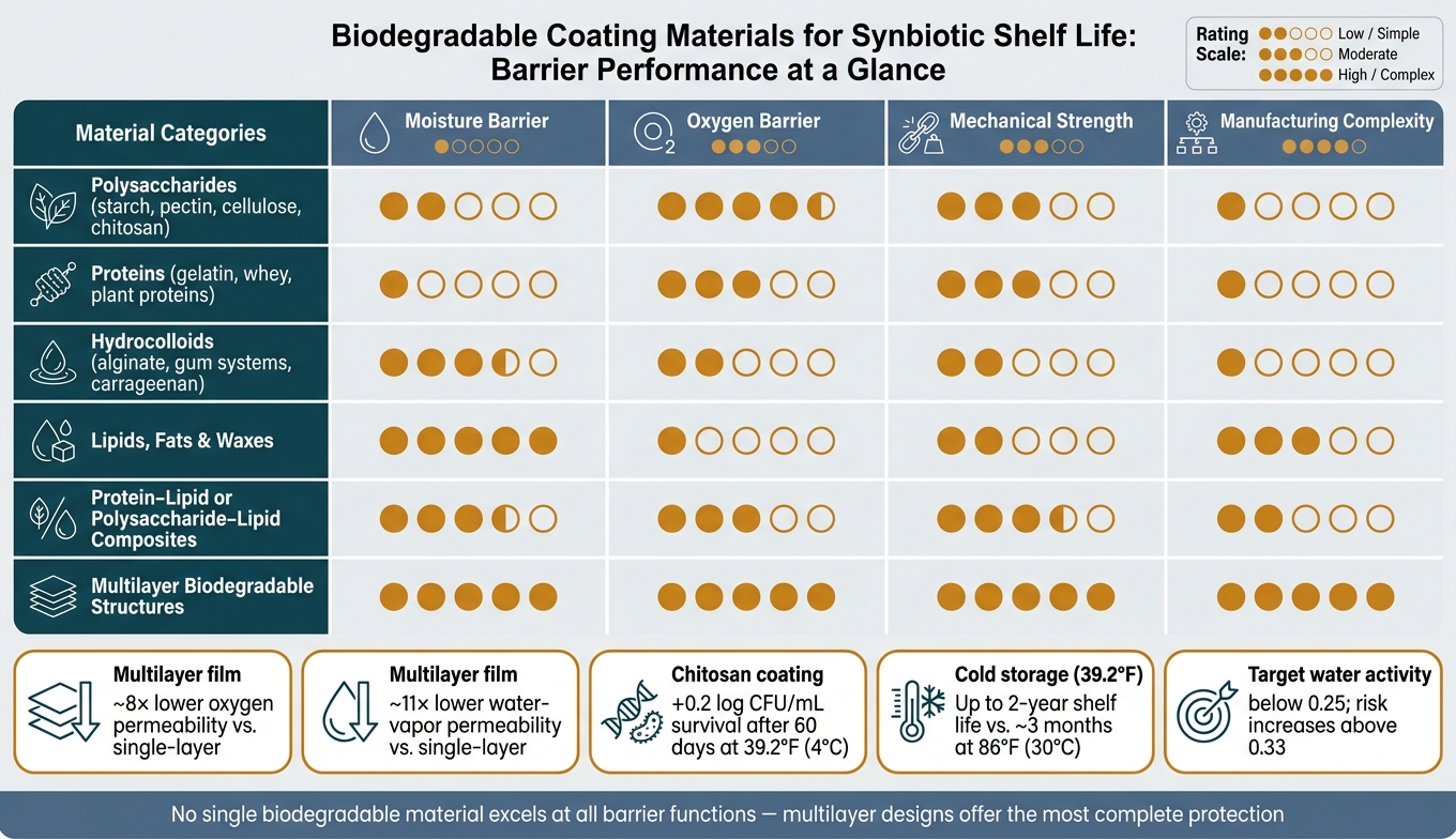 Biodegradable Coating Materials: Moisture & Oxygen Barrier Performance for Synbiotic Shelf Life