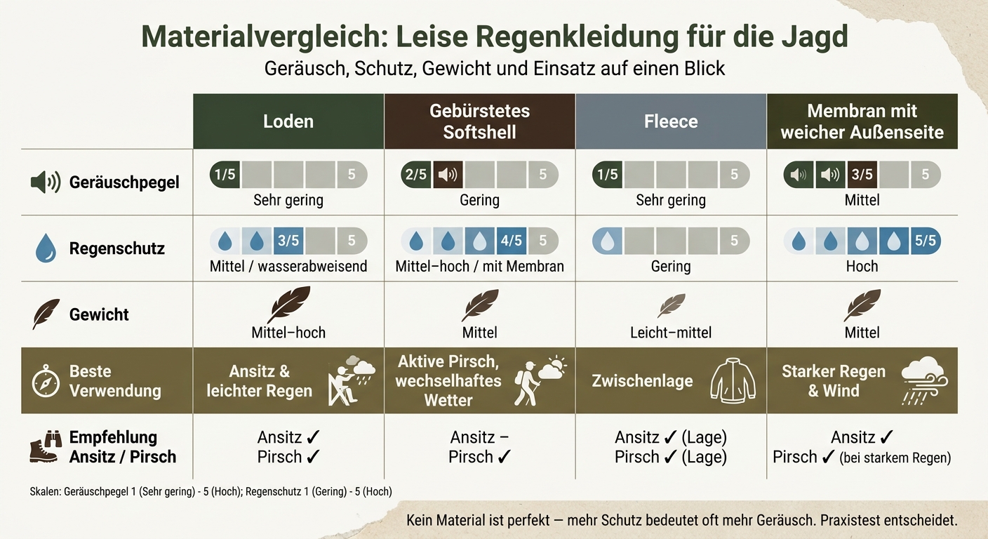 Leise Jagd-Regenkleidung: Materialvergleich für Ansitz & Pirsch