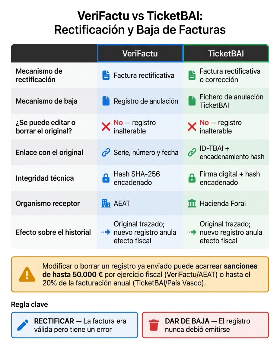 VeriFactu vs TicketBAI: Rectificación y Baja de Facturas