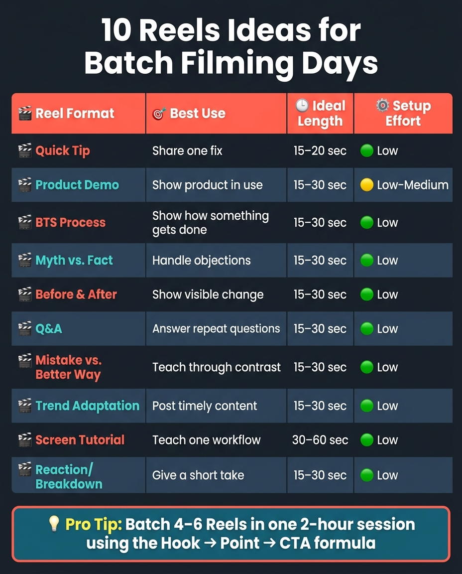 10 Reels Ideas for Batch Filming: Quick Comparison Guide